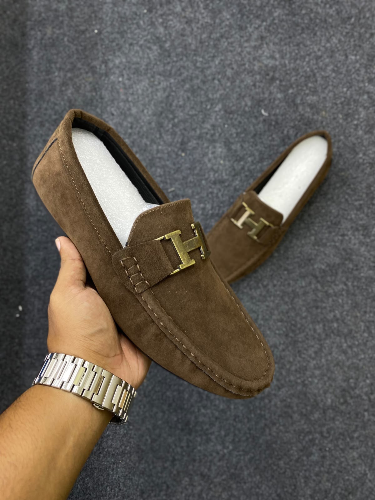 Brown suede driving loafer H Brown