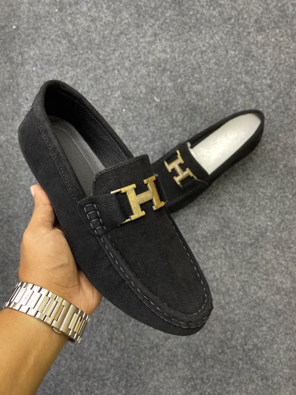 Black suede driving loafer