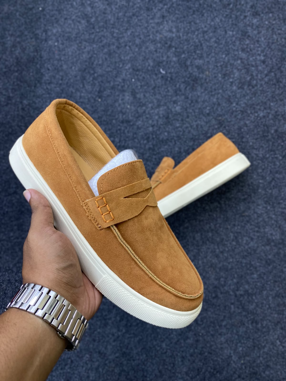 Men's tan suede penny loafer sneaker ( Upper Paired)
