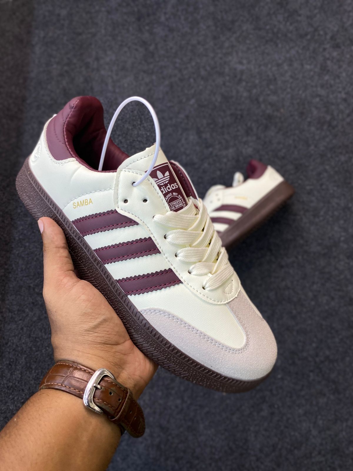 Adidas Samba OG in the "Wonder White / Maroon"