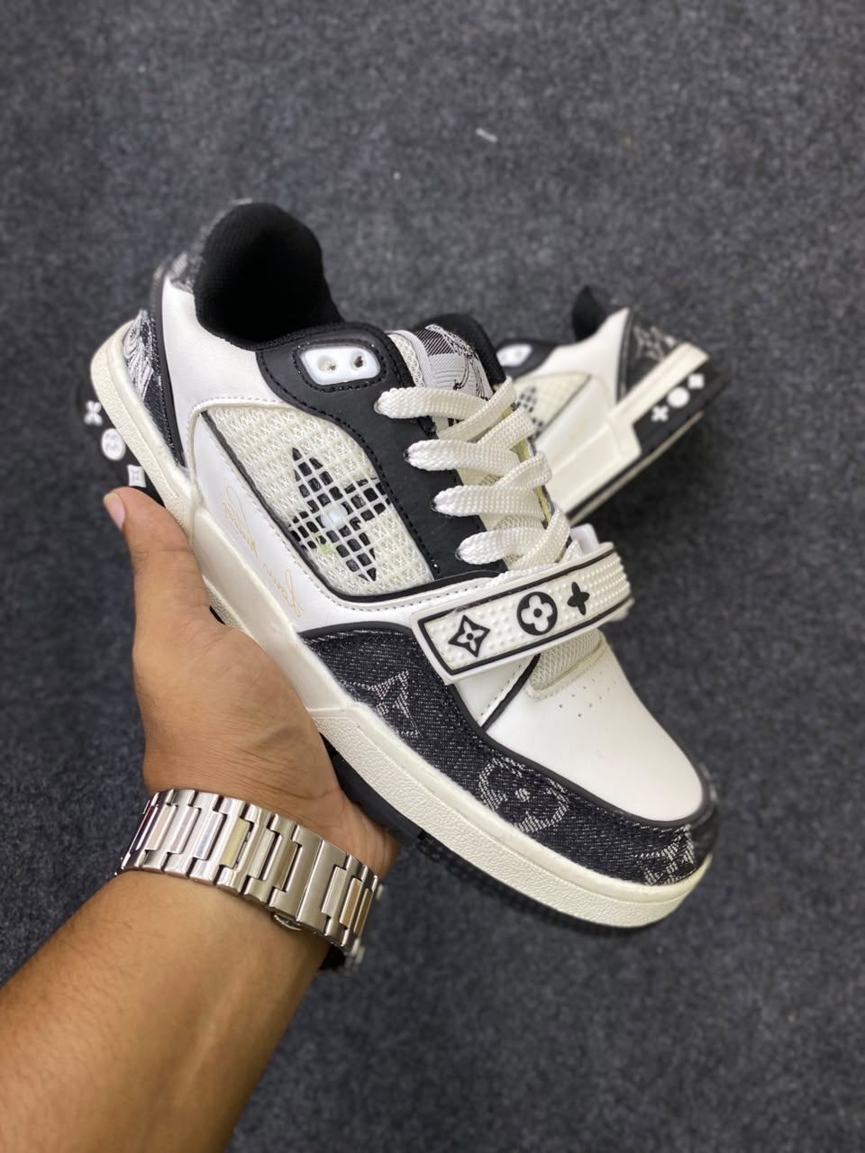 LV Trainer Velcro Strap Monogram Denim Black White